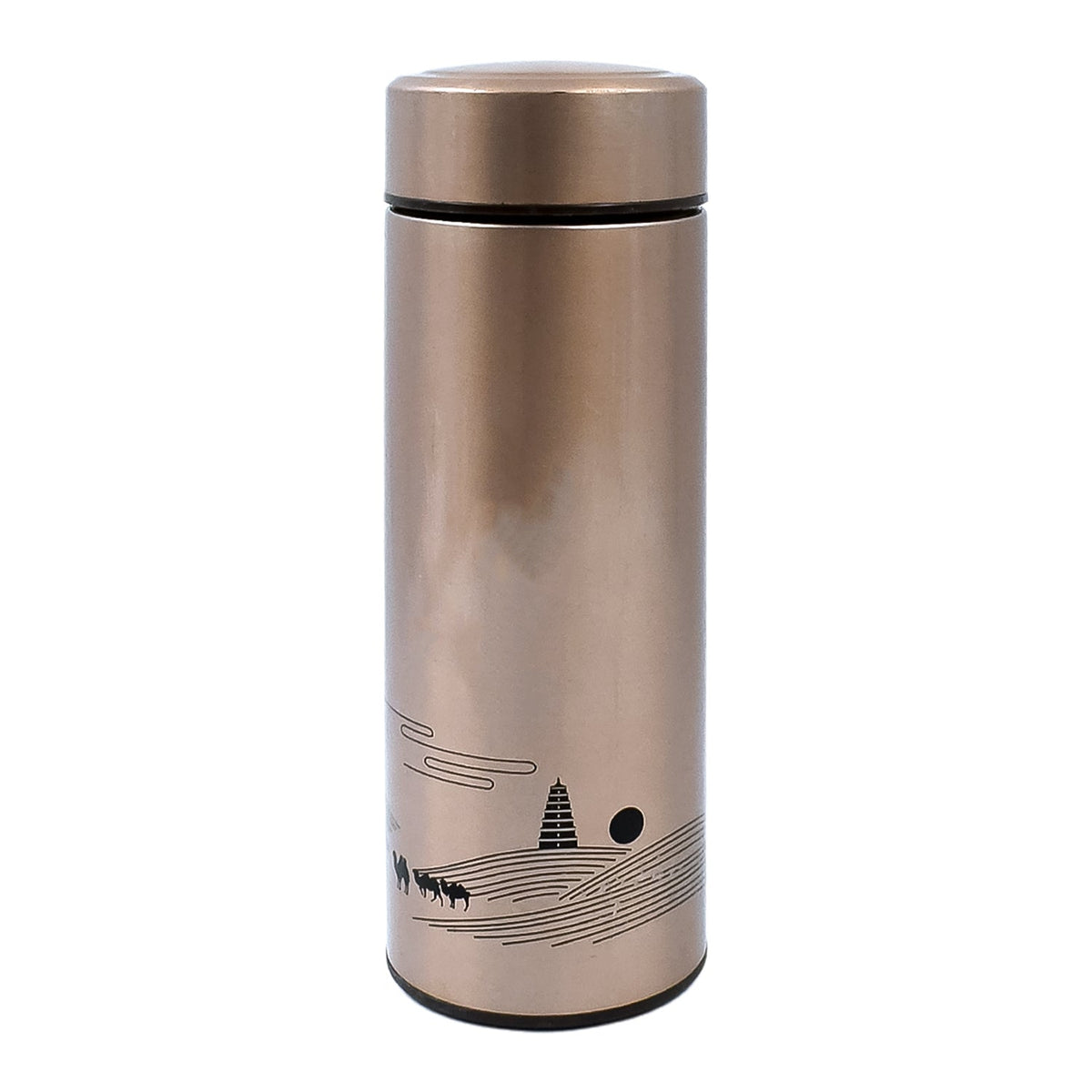 Multiple views of the Own Hydrate stainless steel water bottle, emphasizing its compact and travel-friendly size.