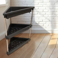 Triangular corner storage rack showing spacious plastic shelves and metal supports