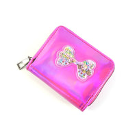 Party-ready kids wallet with glossy holographic surface and glitter bow accent