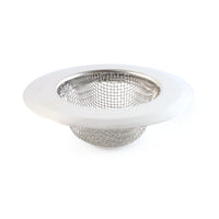 Stainless steel kitchen sink strainer filtering food particles and hair