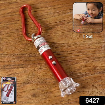 Bright red laser beam from the multi-functional laser pointer and LED flashlight.