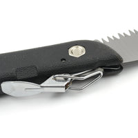 The compact folding handsaw with its protective sheath, easy to carry for camping.