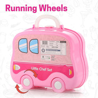 Kids portable kitchen play set opened up for play with a child's hand