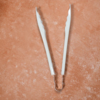 Cooking tongs featuring comfortable plastic handles for prolonged use.