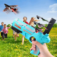 Kids' airplane launcher toy with five colorful foam planes ready for flight.
