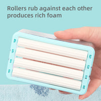 User demonstrating the easy lathering of the detergent bar using the soap roller.