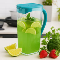 Plastic jug with glasses filled with beverages for serving
