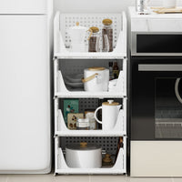 A 4-layer plastic wardrobe drawer organizer, fully assembled and ready for use in a closet.