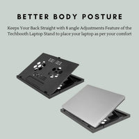 Adjustable height options demonstrated on the foldable laptop stand.