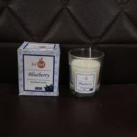 Hand holding a Blueberry Scented Candle, demonstrating its compact size.