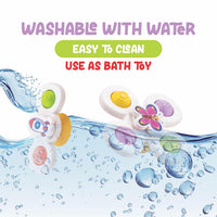 Baby spinner toy with soft tactile buttons for sensory stimulation