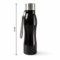 Stainless steel water bottle with its secure screw cap and sturdy base.