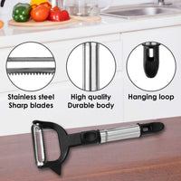 Top-down view of the dual-blade julienne vegetable peeler.
