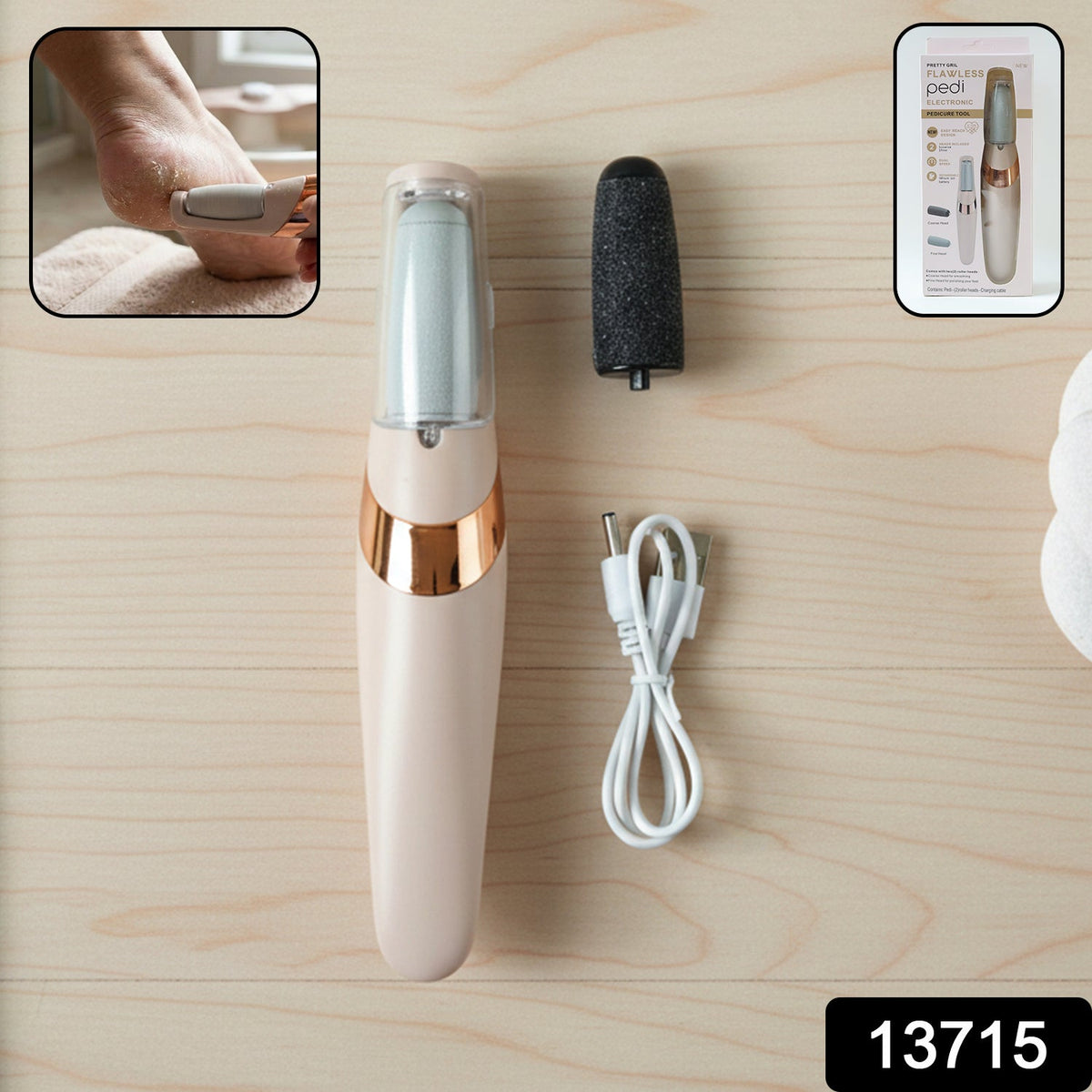 Electronic pedicure tool displaying coarse and fine roller heads for varied skin needs.