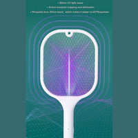 A white mosquito killer racket with a purple glowing grid is centered against a teal and green gradient background.