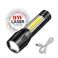 Rechargeable LED flashlight with its USB charging port visible.