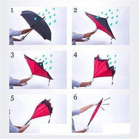 Six panels show a person's gloved hands demonstrating the reverse closing action of a red and black umbrella.