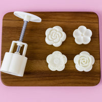 Complete mooncake press mold kit with handle and 4 interchangeable floral stamps