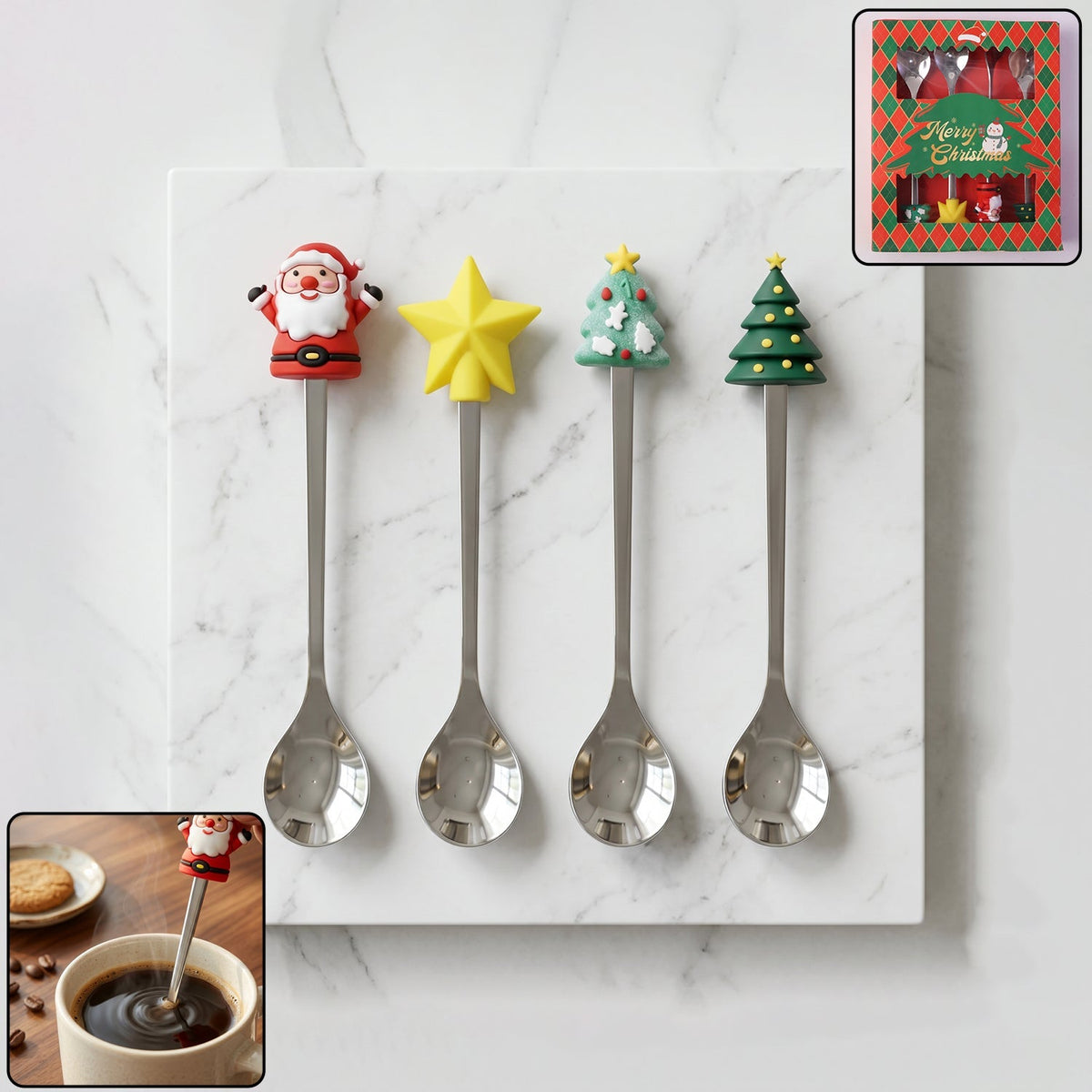Golden cartoon spoon set 4pc with cute design and gift box