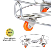 The sturdy heavy-duty stainless steel gas cylinder trolley without a cylinder, showing its robust construction.