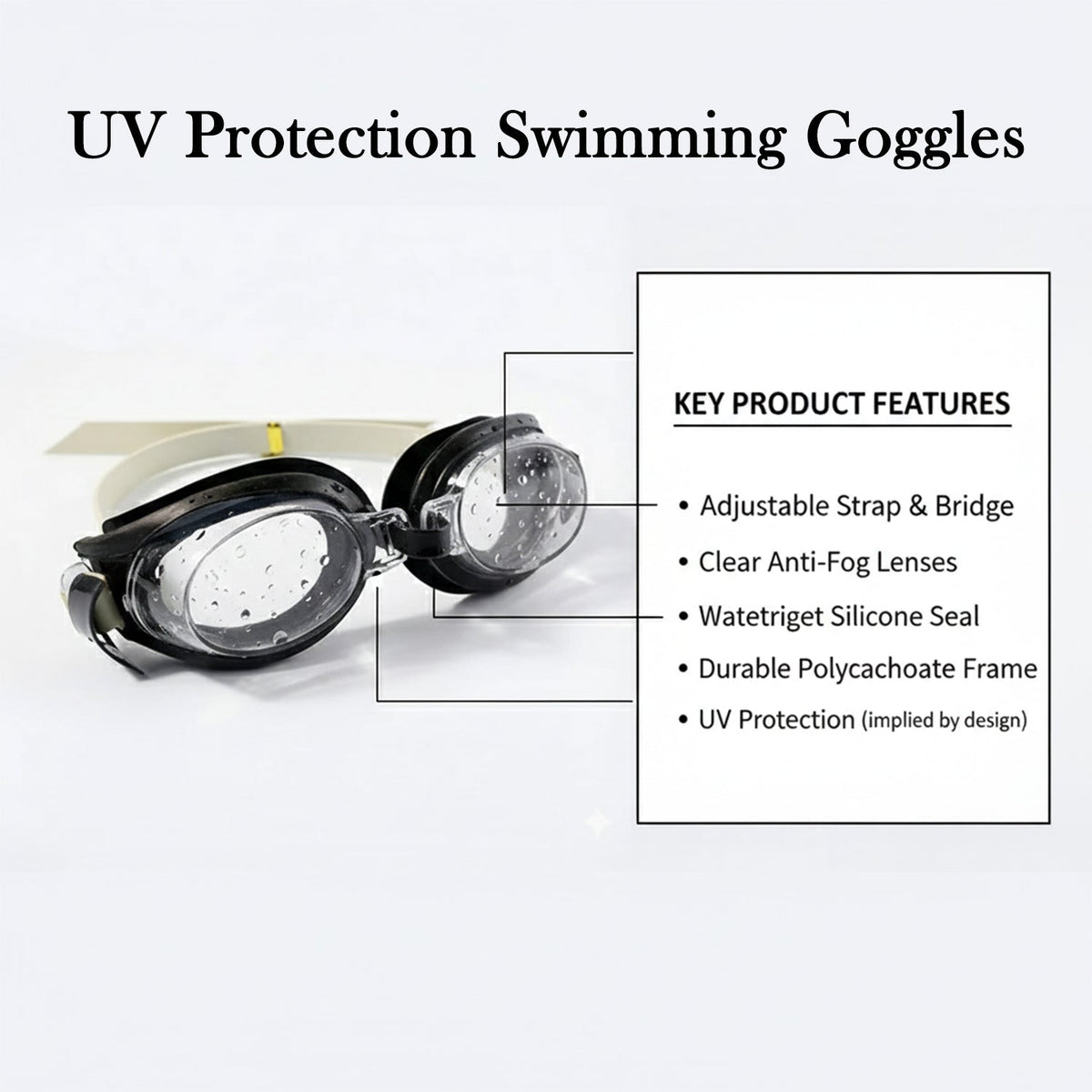 Front view of UV protection swimming goggles with ergonomic design