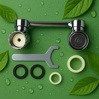 Flexible water-saving faucet filter with 1080-degree rotation installed on a kitchen sink.