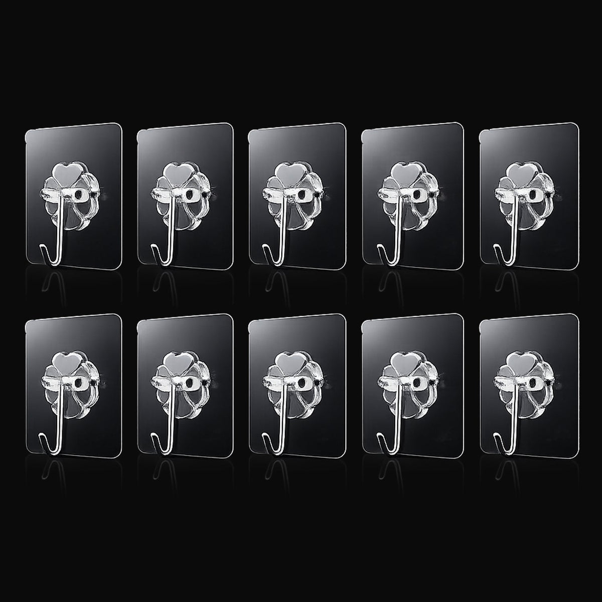 Transparent adhesive wall hooks 10pc set on white background