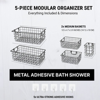 Set of five adhesive metal shower caddies easy to install without drilling