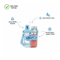 Top-down view highlighting the dual straws and separate compartments of the water bottle.