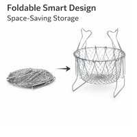 Foldable chef basket showcasing different configurations for washing, frying, and steaming.
