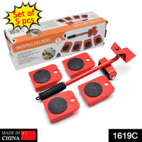 Complete furniture shifting tool set with lifting lever and four wheeled pads for easy moving.
