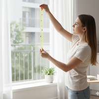 A woman in a white shirt holds a long, yellow sticky fly strip with a few small black insects on it, by a window.