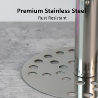 Side profile of the Quickslice Stainless Steel Potato Masher with its comfortable wooden handle.
