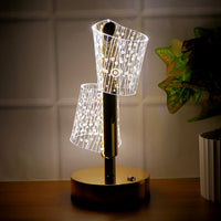 Close-up of stylish LED double shade table lamp with warm light