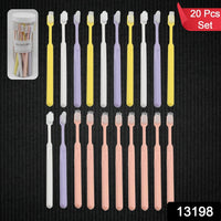Clear plastic round box containing multiple soft plastic toothbrushes, ideal for travel and organized storage.