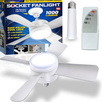White ceiling fan with integrated LED light on a plain background