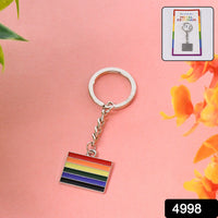 Close-up view of rainbow metal keychain highlighting its sturdy ring
