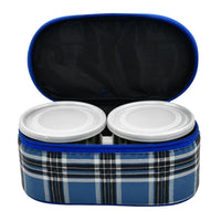 Close-up of the leak-proof plastic lids on stainless steel food containers.