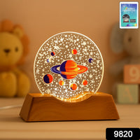 Close-up of glowing 3D creative visualization LED lamp on wooden base