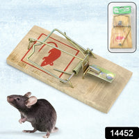 Classic wooden mouse trap set with bait for pest control