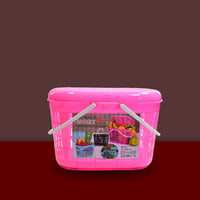 Multipurpose plastic basket with handle, ideal for kitchen storage.