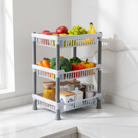 Ventilated storage basket rack designed for organized kitchen use