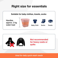 Diagram illustrating the dimensions and key features of the foldable mini washing machine.