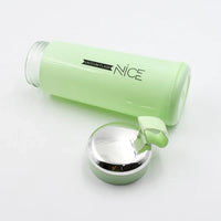 Lifestyle image showing leakproof 400ml glass water bottle in light green