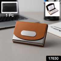 Business card holder with secure magnetic flap closure in brown leather