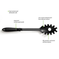 Studio shot of a black heat-resistant pasta server, highlighting its durable nylon construction.