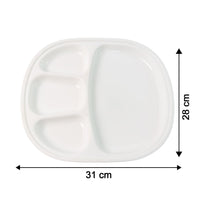 Dinner plate showing size dimensions 31x28 cm in white plastic