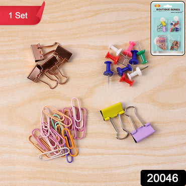 Assorted colourful paper clips included in office clips & pins set