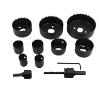 Complete 12-piece hole saw kit with various carbon steel bits for wood drilling.