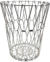 Compact foldable fruit basket in stainless steel, shown in its collapsed form for easy storage.